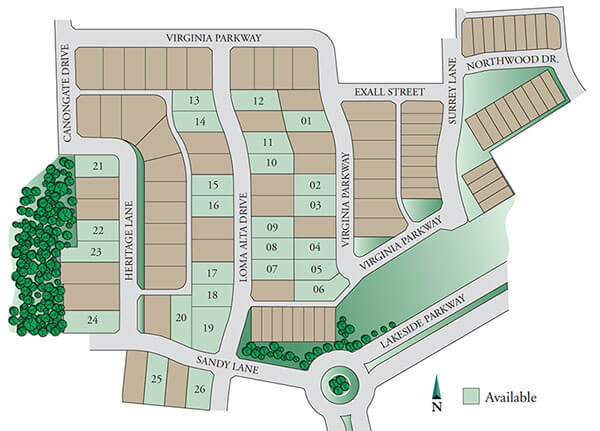 The site plan for Phase I of the single-family section at Lakeside DFW. Normandy's home are colored green. 