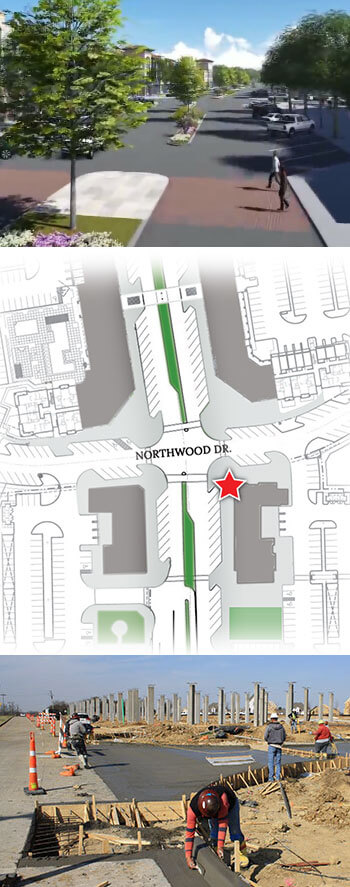 Making the parkway easy to cross (as in the rendering at top) stands out as priority for planner Dan Quinto and there six in the Phase I (four shown in the diagram above). On March 23, construction on the crosswalk at Northwood Dr. (below)  was well underway. 