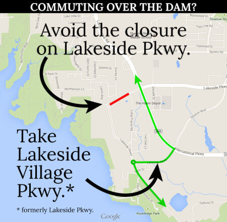  Both the closure of Lakeside Prkwy. for a number of months and its subsequent use as a shopping street will lead drivers to take the alternate route above. Click the image to enlarge.