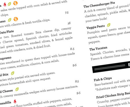 The menu at The Moviehouse includes appetizers, pizza, sandwiches, and burgers. 