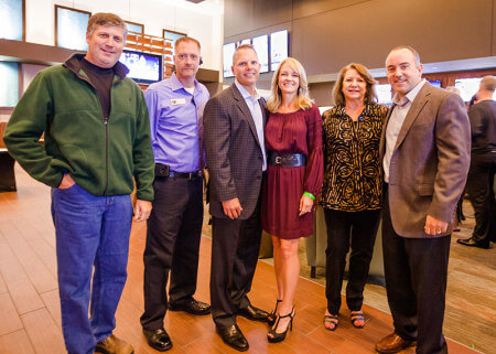 At the November 5 VIP event at the Keller Moviehouse and Eatery, Flower Mound Councilman Steve Dixon (left) and Lakeside's Jimmy Archie (right) join Moviehouse officials (left to right from the second from the left): Mark McLaughlin, director of operations, and owners Rodney Speaks, Tiffany Speaks, and Leslie Sloan. 