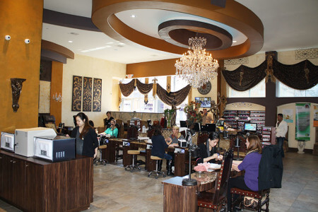 Like most of Nguyen salons, the Fort Worth interior features chandeliers. 