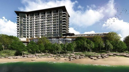 A rendering of The Pearl on the Peninsula™ Hotel & Conference Center from Lake Grapevine.