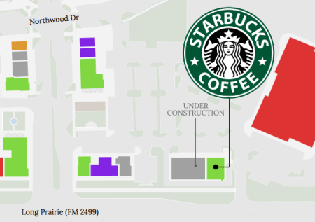 The Starbucks, which is expected to open in the spring, will be located just south of the Moviehouse & Eatery (shaded in red). 